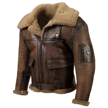 Men Vintage Distressed Real Fur RAF B3 Bomber Genuine Sheepskin Leather Jacket